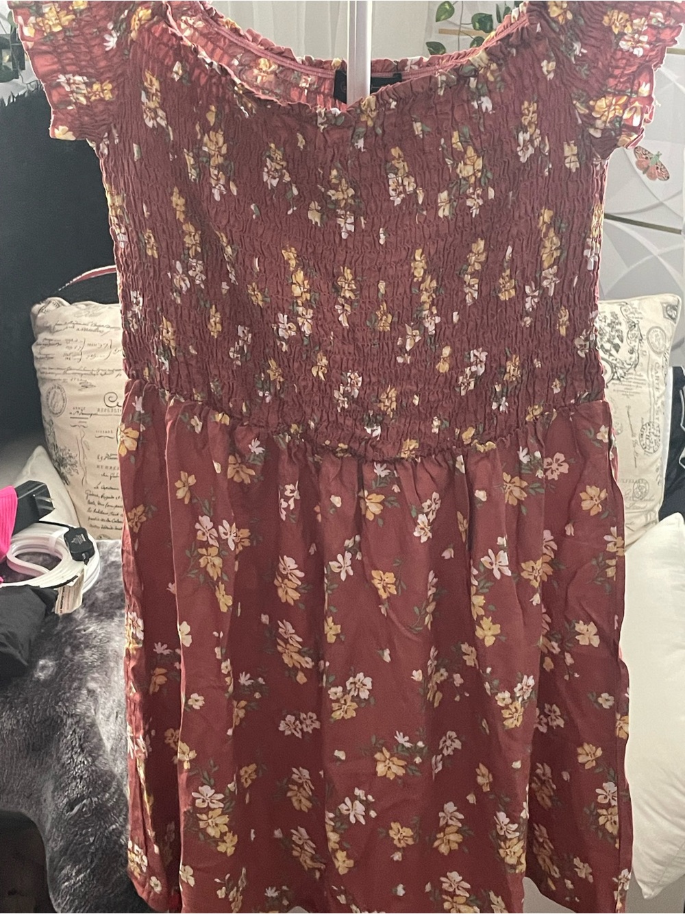 Smocked Floral Midi Dress in Rust with Yellow Blooms